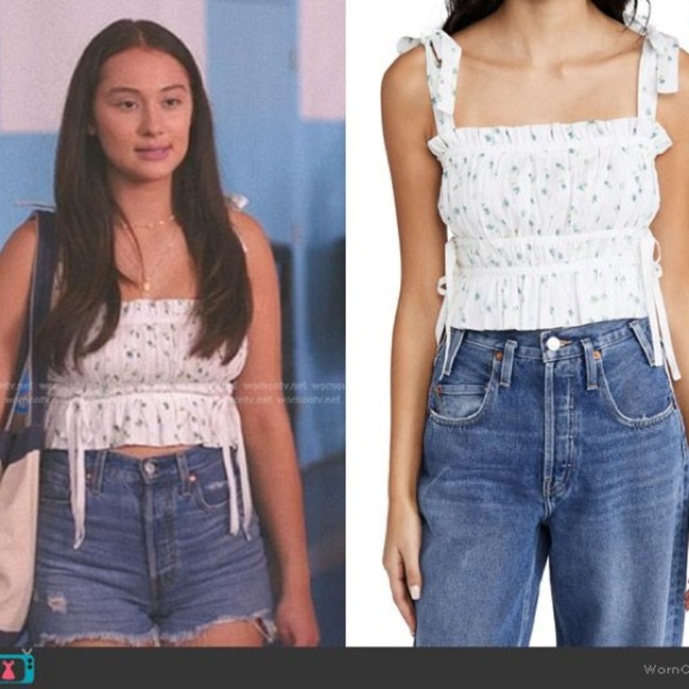 White Floral Smocked Tie-Shoulder Crop Top